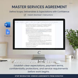 May include: A computer monitor displaying a Master Services Agreement document, with icons for Word and Google Docs. The screen shows legal text regarding confidentiality and intellectual property, with text below about establishing expectations.