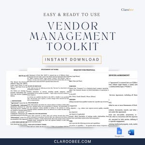 May include: A digital Vendor Management Toolkit by Clarobee featuring a collection of business templates including a Statement of Work, Request for Proposal, and Services Agreement. The document set is presented with Google Docs and Word icons.