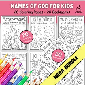 May include: A digital printable set titled Names of God for Kids featuring 20 coloring pages and 20 bookmarks. The black and white line art includes religious themes like the nativity, creation, and various names of God with decorative elements.