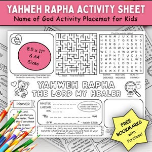 May include: A black and white activity sheet titled YAHWEH RAPHA THE LORD MY HEALER featuring a maze, word search, prayer section, and verse unscramble. The sheet includes a teddy bear graphic, a magnifying glass, and text indicating 8.5 x 11 and A4 sizes.