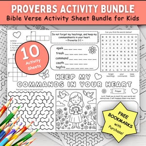 May include: A Proverbs activity bundle featuring Bible verse activity sheets for kids. The page includes a word search, a maze, a fill-in-the-blank section with the text Keep My Commands In Your Heart, and a line drawing of a child with a book.