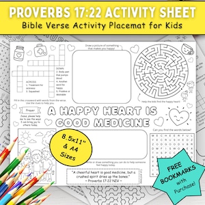 Op de afbeelding: Een zwart-wit activiteitenblad getiteld Proverbs 17:22 Activity Sheet met een kruiswoordraadsel, een cirkelvormig doolhof, een woordzoeker en tekenvakken. De tekst luidt A HAPPY HEART IS GOOD MEDICINE en vermeldt de A4-formaten.
