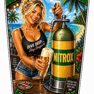 May include: An illustration of a woman pouring beer from a NITROX tank. The tank is green and yellow with the word NITROX. The woman wears a black tank top with the text "DIVE DEEP... Stay Longer". The image includes the text "LIQUID NITROX" and "SO YOU CAN STAY DOWN LONGER".