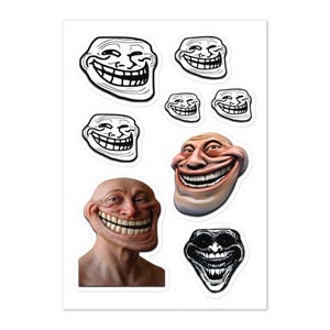 May include: A sticker sheet featuring various depictions of the troll face meme. The sheet includes several black and white line art versions of the grinning face, along with two realistic, three-dimensional renderings of the same facial expression.