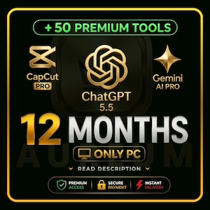 Puede incluir: Gráfico promocional en negro y dorado con el texto "+ 50 PREMIUM TOOLS", "CapCut PRO", "ChatGPT 5.5" y "Gemini AI PRO". También incluye "12 MESES ONLY PC" e iconos para acceso premium, pago seguro y entrega instantánea.