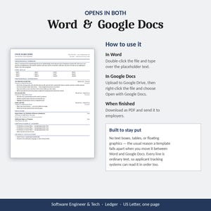 May include: A digital resume template document featuring a professional layout with sections for summary, skills, experience, education, and certifications. The text includes instructions for use in Word and Google Docs, noting it is built to stay put.