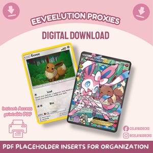 Könnte beinhalten: Zwei digitale Sammelkarten mit Eevee und Sylveon EX vor einem hellrosa Hintergrund mit dem Text Eeveelution Proxies, Digital Download, Instant Access printable PDF und PDF Placeholder Inserts for Organization.