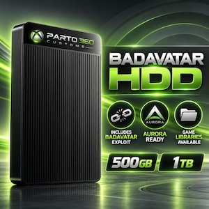 May include: A black rectangular external hard drive with a ribbed texture, featuring the text Parto 360 Customs and an Xbox-style logo. The graphic displays Badavatar HDD, includes Badavatar exploit, Aurora ready, and game libraries available.