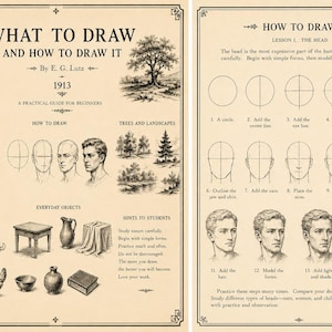 Könnte beinhalten: Vintage Zeichenanleitung "What to Draw and How to Draw It" von E.G. Lutz, veröffentlicht 1913. Das Buch enthält Illustrationen der menschlichen Figur, Tiere, Bäume, Landschaften und Alltagsgegenstände sowie Schritt-für-Schritt-Anleitungen zum Zeichnen eines Kopfes.