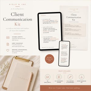 Peut inclure: Kit de communication client d'Aisle & Ink, pour le secteur du mariage. L'image montre une tablette, un téléphone et un presse-papiers avec un stylo. Le kit comprend 105 scripts d'e-mails, des points de contact clés et est entièrement modifiable.