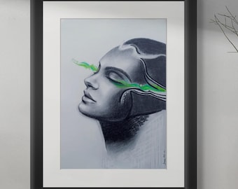 Originalzeichnung ""Erweckt"" | Anthrazit & Grün Pastell Kunst | Minimalistisches Porträt | spirituelle Wandkunst | Bewusste Wohndekor