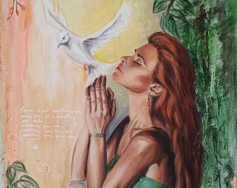 Dipinto originale della pace – Arte spirituale femminile con colomba – Quadro da parete dall'energia calma – Opera d'arte di guarigione femminile