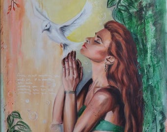 Dipinto originale della Pace – Arte spirituale femminile con colomba – Quadro da parete dall'energia calma – Opera d'arte di guarigione femminile – "Io sono la Pace"