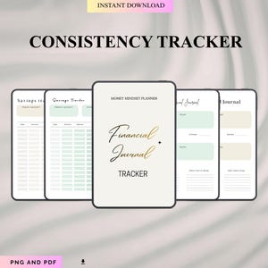 Puede incluir: Un conjunto de planificador de diario financiero digital con varias páginas que incluyen rastreadores de ahorros y secciones de diario. La página central muestra el texto Money Mindset Planner, Financial Journal y Tracker.