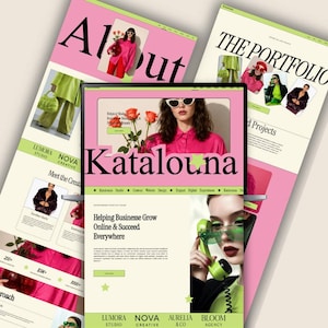 Op de afbeelding: Een digitaal scherm met meerdere website-lay-outs voor Katalouna, met een kleurenschema van roze en lichtgroen. De schermen tonen tekst waaronder "About", "The Portfolio" en "Helping Businesses Grow Online & Succeed Everywhere", naast diverse foto's van personen in kleurrijke kleding en accessoires.