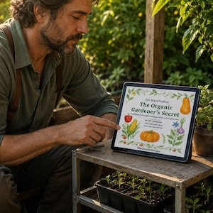 Puede incluir: Una tableta muestra "The Organic Gardener's Secret" con ilustraciones de verduras. Una persona en un jardín señala la pantalla. La imagen incluye un pimiento rojo, maíz, una calabaza y ajo.
