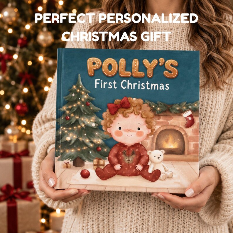 May include: A hardcover book titled Polly's First Christmas with a dark blue cover featuring an illustration of a curly-haired child in red pajamas sitting by a decorated Christmas tree and a fireplace with a white teddy bear nearby.