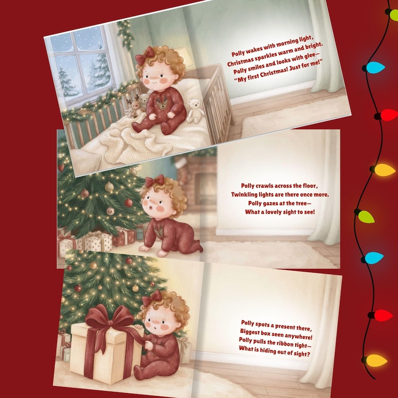 May include: A children's storybook featuring three illustrations of a toddler named Polly. The pages show Polly in a crib, crawling near a Christmas tree, and opening a gift. Each scene includes rhyming text describing Polly's first Christmas.