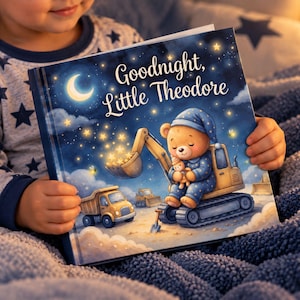 May include: A hardcover children's book titled Goodnight, Little Theodore featuring a teddy bear in blue pajamas sitting on a yellow excavator. The illustration shows a night sky with a crescent moon, stars, and a dump truck on a sandy ground.