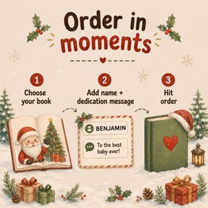 May include: An instructional graphic titled Order in moments with three steps: 1. Choose your book, 2. Add name + dedication message, 3. Hit order. The illustration features an open book with Santa, a personalized name tag, and a green book with a heart.