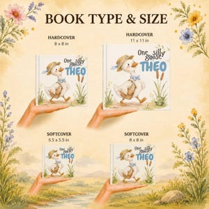May include: A chart titled BOOK TYPE & SIZE displaying four versions of a book titled One silly goose THEO. The covers feature an illustration of a goose wearing a straw hat and blue bow tie. Sizes include 8x8 in, 11x11 in, 5.5x5.5 in, and 8x8 in.