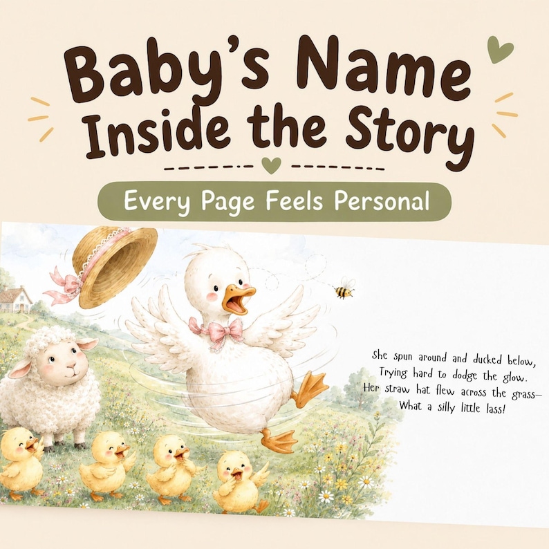 May include: A children's book page featuring a white duckling wearing a pink bow, a flying straw hat, a white sheep, and four yellow chicks in a grassy field. Text reads: Baby's Name Inside the Story, Every Page Feels Personal, and a short poem.