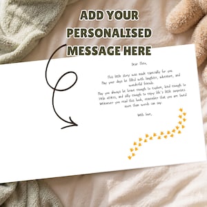 May include: A white page from a book featuring a personalized message to Theo, printed in black text with a curved arrow pointing to the message and a trail of small yellow bird footprints at the bottom right corner of the page.