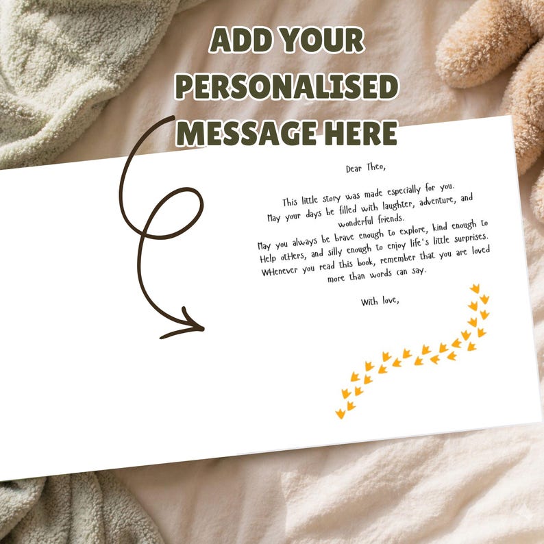 May include: A white page from a book featuring a personalized message to Theo, printed in black text with a curved arrow pointing to the message and a trail of small yellow bird footprints at the bottom right corner of the page.