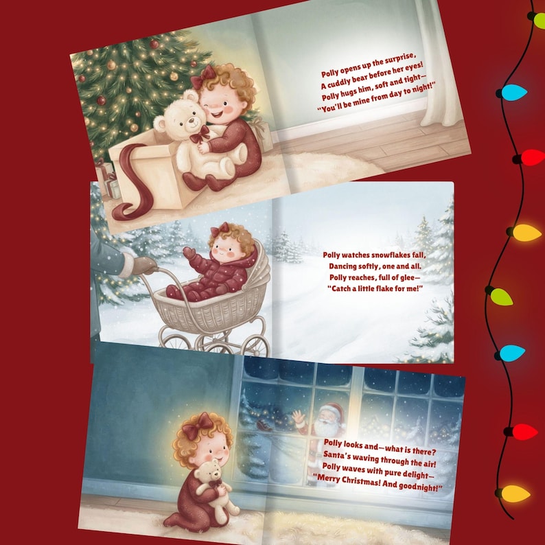 May include: A children's storybook with three illustrated pages. The first shows a child with a teddy bear near a Christmas tree. The second shows a child in a pram in the snow. The third shows a child waving at Santa through a window.