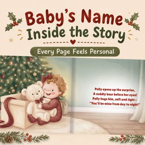 May include: A children's book cover titled Baby's Name Inside the Story with the subtitle Every Page Feels Personal. The illustration shows a child with curly hair hugging a teddy bear next to a Christmas tree, with text reading: Polly opens up the surprise, A cuddly bear before her eyes! Polly hugs him, soft and tight&mdash;You'll be mine from day to night!