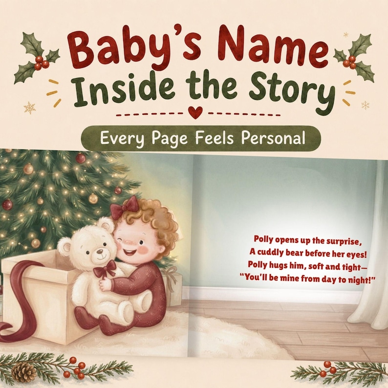 May include: A children's book cover titled Baby's Name Inside the Story with the subtitle Every Page Feels Personal. The illustration shows a child with curly hair hugging a teddy bear next to a Christmas tree, with text reading: Polly opens up the surprise, A cuddly bear before her eyes! Polly hugs him, soft and tight&mdash;You'll be mine from day to night!