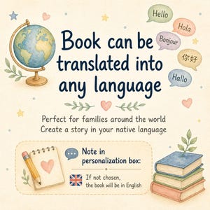 May include: A graphic featuring a globe, speech bubbles with greetings, and a stack of three books. Text reads: Book can be translated into any language, Perfect for families around the world, Create a story in your native language, Note in personalization box: If not chosen, the book will be in English.