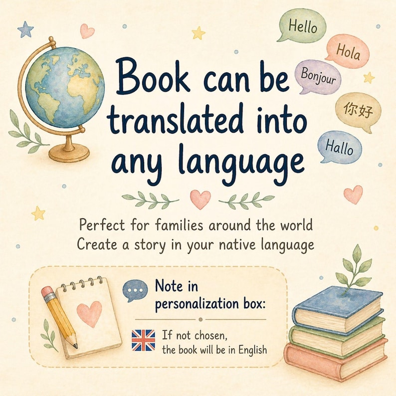 May include: A graphic featuring a globe, speech bubbles with greetings, and a stack of three books. Text reads: Book can be translated into any language, Perfect for families around the world, Create a story in your native language, Note in personalization box: If not chosen, the book will be in English.
