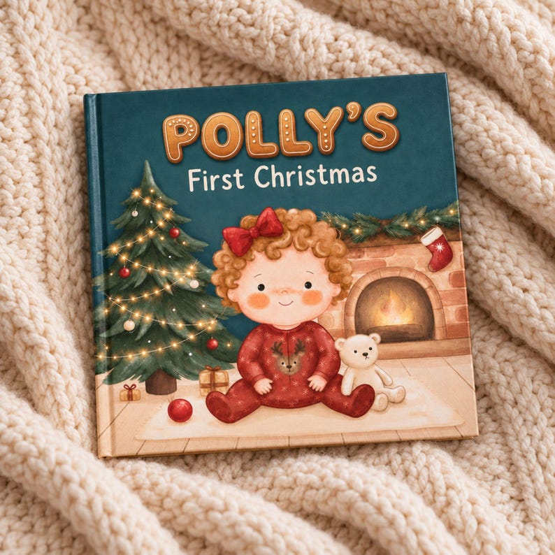 May include: A square hardcover book titled Polly's First Christmas with a dark teal cover. The illustration features a child with curly hair in red pajamas sitting by a lit Christmas tree, a fireplace, and a small white teddy bear toy.
