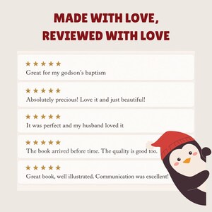 May include: A graphic display featuring the text MADE WITH LOVE, REVIEWED WITH LOVE above five customer reviews, each with five gold stars. A cartoon penguin wearing a red winter hat is positioned in the bottom right corner of the image.