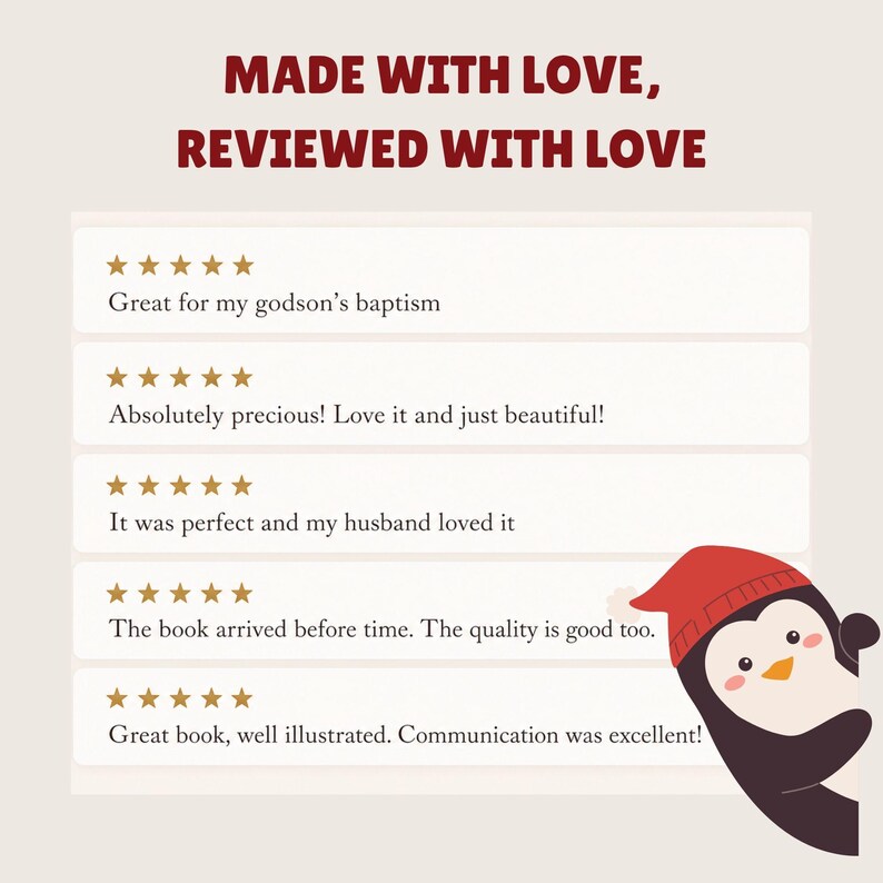 May include: A graphic display featuring the text MADE WITH LOVE, REVIEWED WITH LOVE above five customer reviews, each with five gold stars. A cartoon penguin wearing a red winter hat is positioned in the bottom right corner of the image.