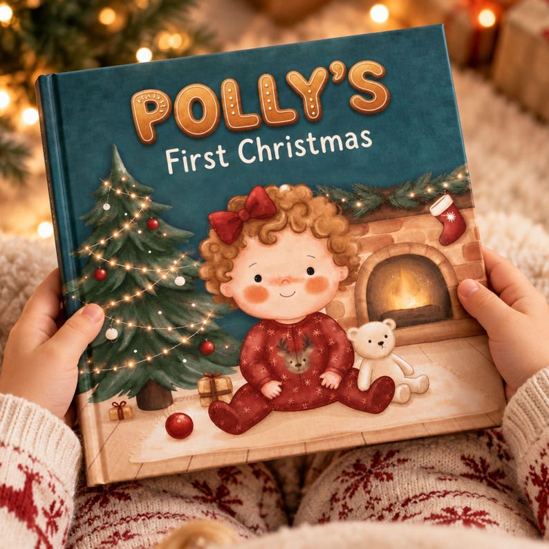May include: A hardcover children's book titled Polly's First Christmas with a dark teal cover. The illustration features a curly-haired child in red pajamas, a decorated Christmas tree, a fireplace, and a small white teddy bear toy.