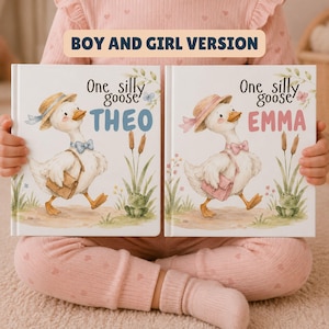 May include: Two children's books titled One silly goose, one featuring the name THEO in blue and the other EMMA in pink. Each cover displays a watercolor illustration of a goose wearing a straw hat, a bow tie, and a satchel, standing near reeds.