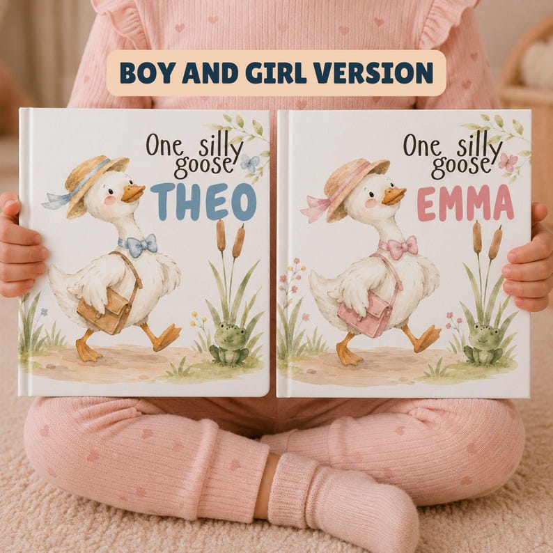May include: Two children's books titled One silly goose, one featuring the name THEO in blue and the other EMMA in pink. Each cover displays a watercolor illustration of a goose wearing a straw hat, a bow tie, and a satchel, standing near reeds.