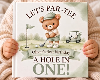 Książka urodzinowa „Hole in One”, spersonalizowana książka o golfie, prezent na pierwsze urodziny golfa, spersonalizowana książka dla dziecka, prezent na roczek, spersonalizowany prezent dla dziecka