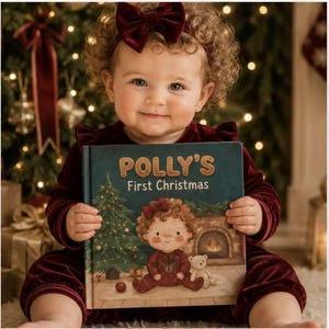 May include: A hardcover book titled Polly's First Christmas with a dark green cover featuring an illustration of a child, a Christmas tree, and a fireplace. The book is held by a child wearing a dark red velvet long-sleeve outfit and a matching bow.