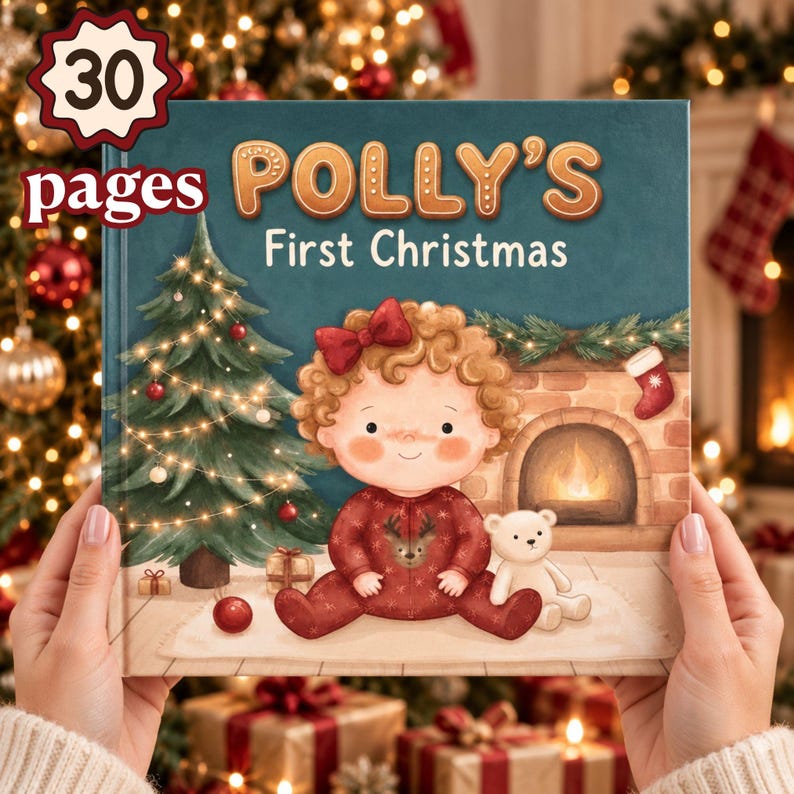 May include: A square hardcover book titled Polly's First Christmas with a teal cover featuring a curly-haired child in red pajamas, a Christmas tree, and a fireplace. The cover includes a badge stating 30 pages in white and dark red text.