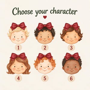 May include: A digital illustration titled Choose your character with a small red heart. It displays six cartoon faces of children, each wearing a dark red hair bow. Each face is numbered one through six, featuring different hair colors and textures.