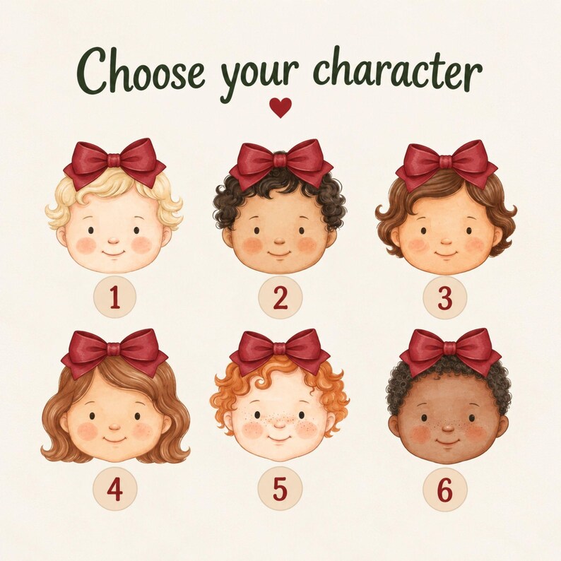 May include: A digital illustration titled Choose your character with a small red heart. It displays six cartoon faces of children, each wearing a dark red hair bow. Each face is numbered one through six, featuring different hair colors and textures.