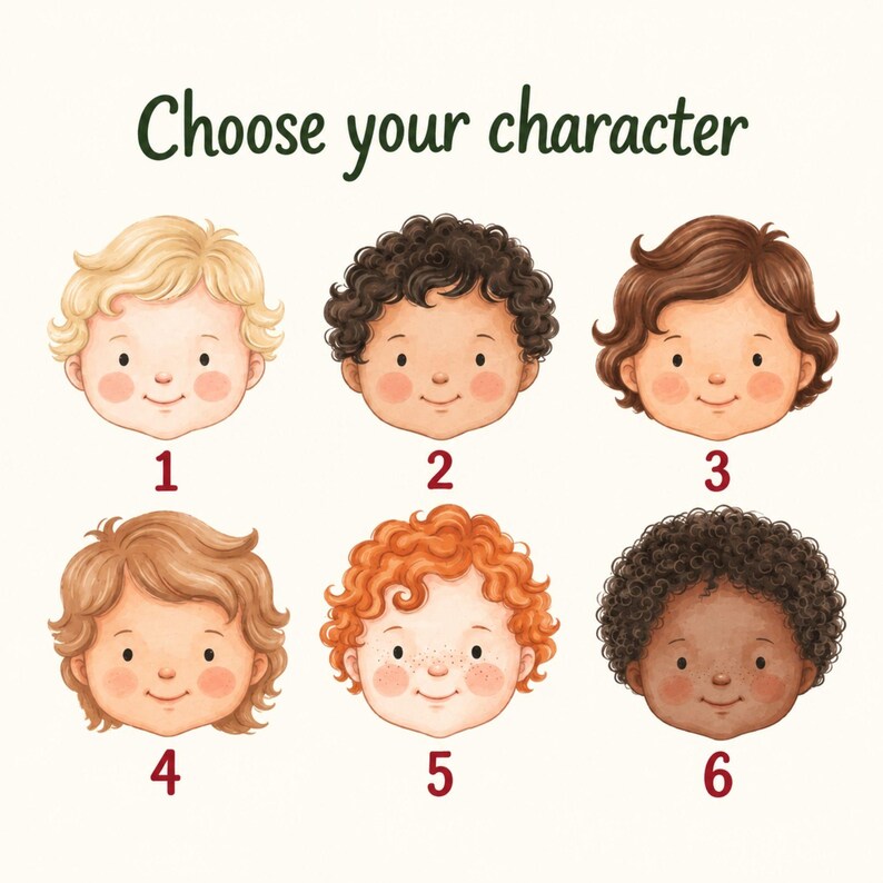 May include: A digital illustration titled Choose your character featuring six cartoon faces of children with diverse hair colors and textures, numbered one through six. Each face has rosy cheeks, a small nose, and a gentle smile on a light background.
