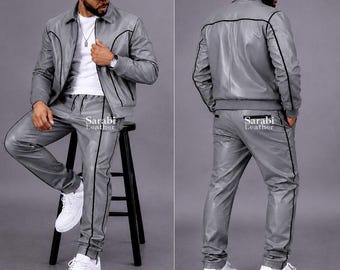 Survêtement en cuir gris Brayden - Survêtement en cuir style jogging pour hommes - Survêtement en cuir