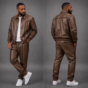 K&ouml;nnte beinhalten: Braunes Lederjacken- und Hosen-Set. Die Jacke hat einen Kragen, einen Knopfverschluss und schwarze Paspeln. Die Hose hat einen Kordelzug in der Taille und schwarze Paspeln. Das Outfit wird mit wei&szlig;en Turnschuhen kombiniert.
