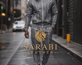 Brayden Geniune grijs leren trainingspak heren - leren trainingspak heren joggingstijl - leren trainingspak grijs/wit
