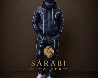 Dark Blue Leather Tracksuit - Men's Brayden Geniune Leather Track Suit - Jogging Style - Hooded Leather Sweatsuit