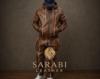 Men Brayden Premium Leather Tracksuit - Jogging style Men's Geniune Leather Track Suit - Hooded Leather Sweatsuit